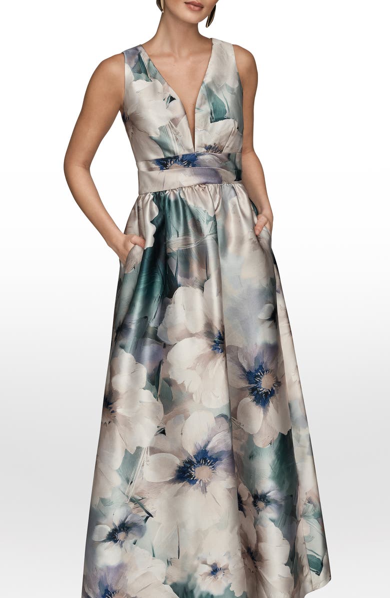 Donna Karan New York Floral Plunge Neck Ball Gown, Alternate, color, Laurel Multi