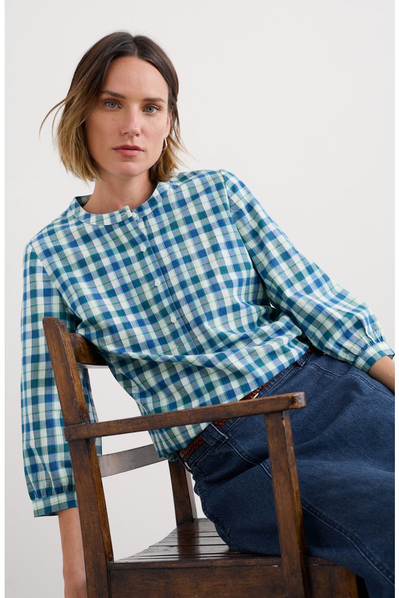 Rose Garden Check Organic Cotton Popover Shirt, Alternate, color, SAMARA SEED KINGFISHER