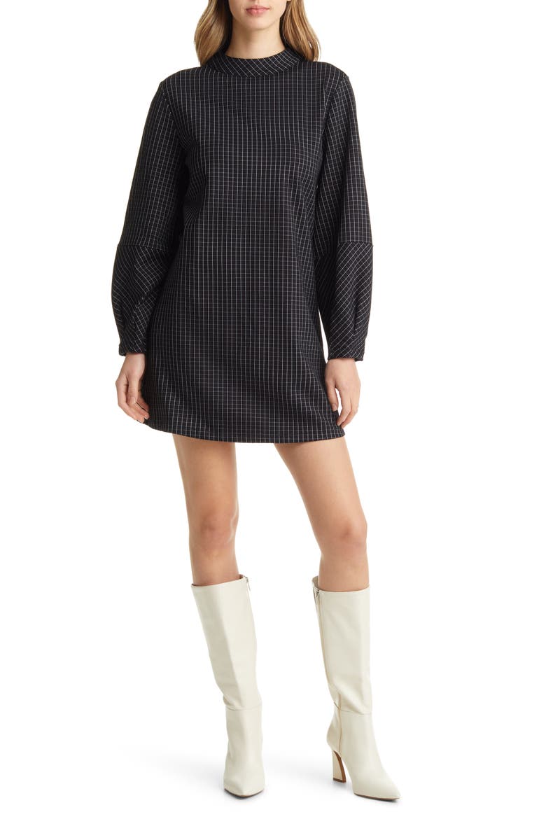 Mod Windowpane Plaid Long Sleeve Dress, Main, color, BLACK- IVORY CEDONIA PLAID