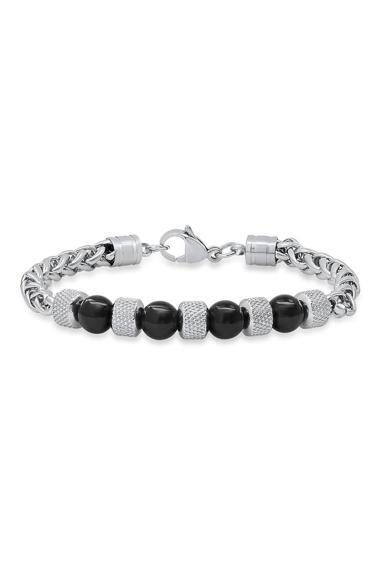 Stainless Steel Agate Bead Wheat Chain Bracelet, Main, color, METALLIC / BLACK