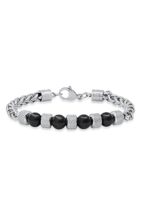 Stainless Steel Agate Bead Wheat Chain Bracelet