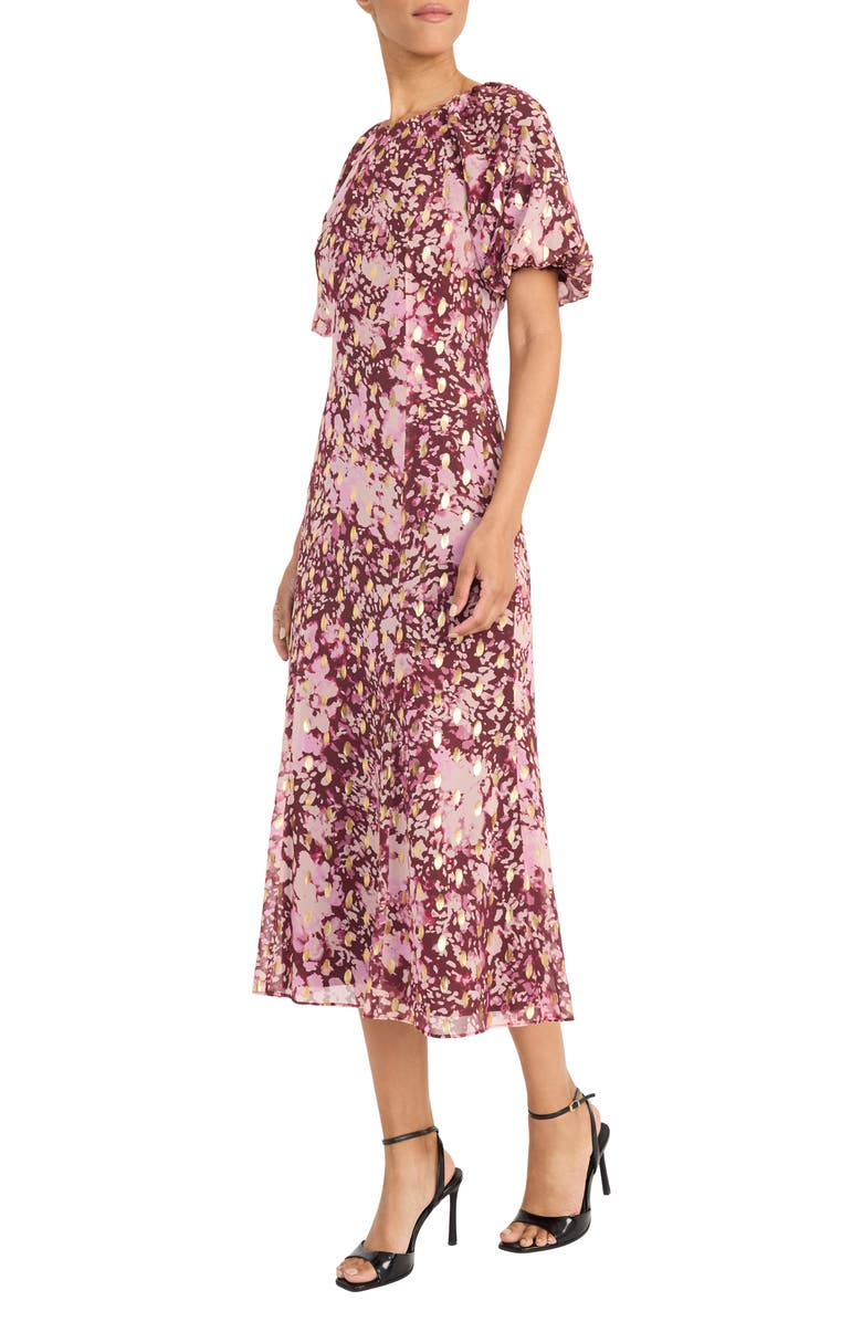 Maggy London Puff Sleeve Chiffon Midi Dress, Alternate, color, Brandy/ Peach Bud
