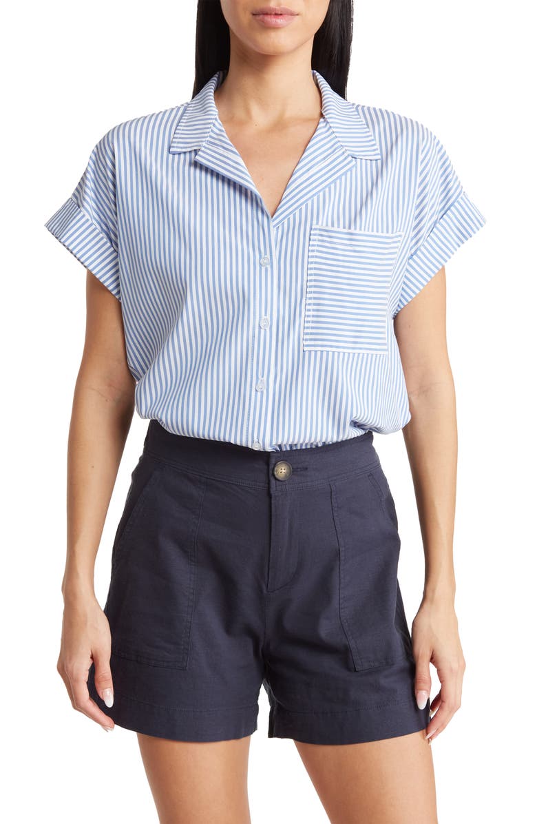 matty m. Stripe Short Sleeve Button-Up Shirt, Main, color, Chambray