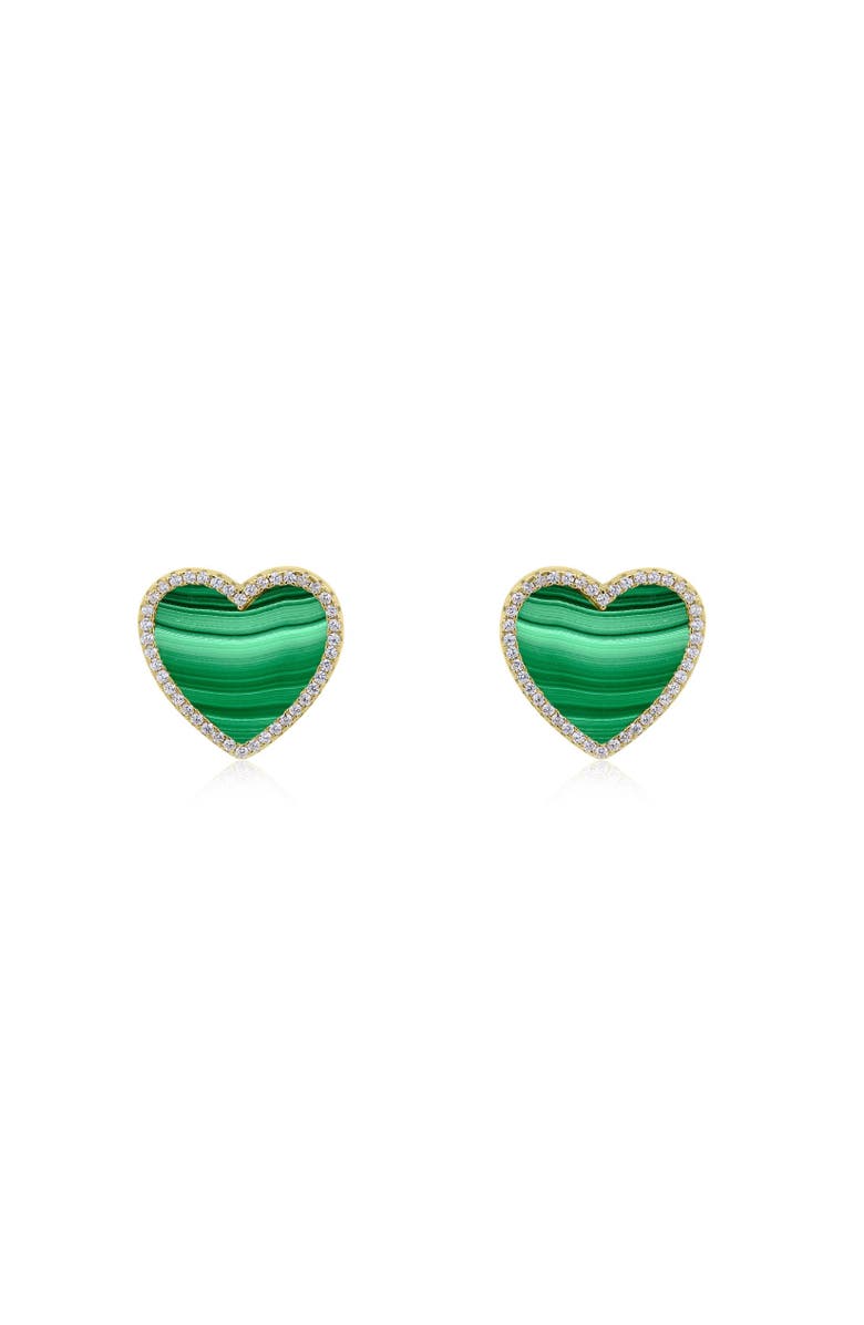 The Lovery Fine Jewelry Large Malachite CZ Halo Heart Stud Earrings, Alternate, color, Malachite