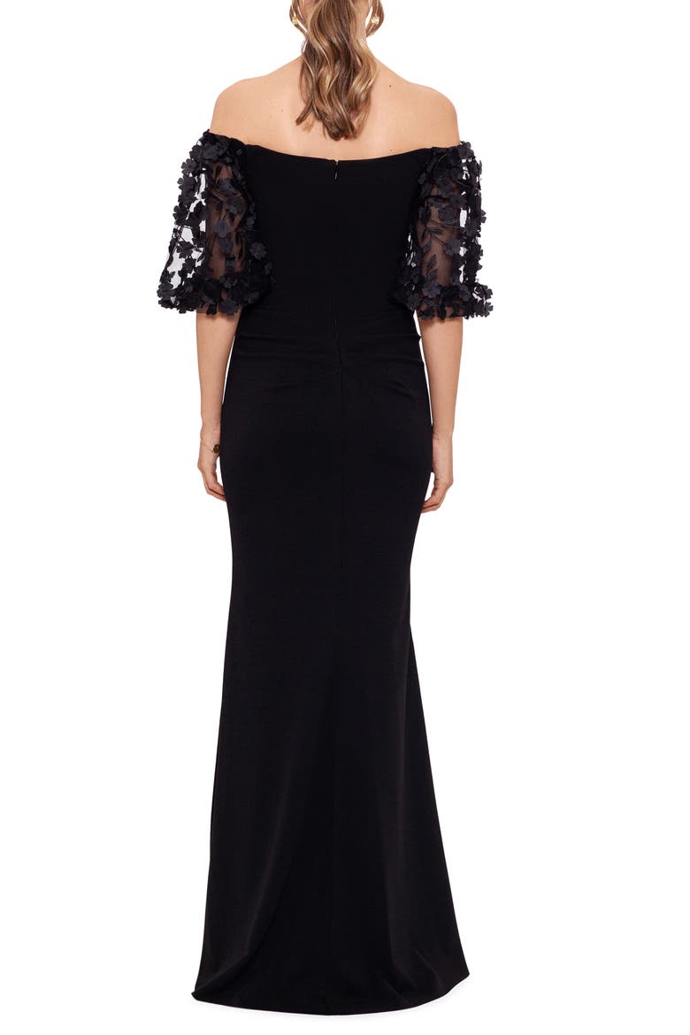 Off the Shoulder Floral Appliqué Trumpet Gown, Alternate, color, BLACK