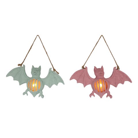 Resin LED Bat Wall Art Set of 2 Halloween Decoration Green