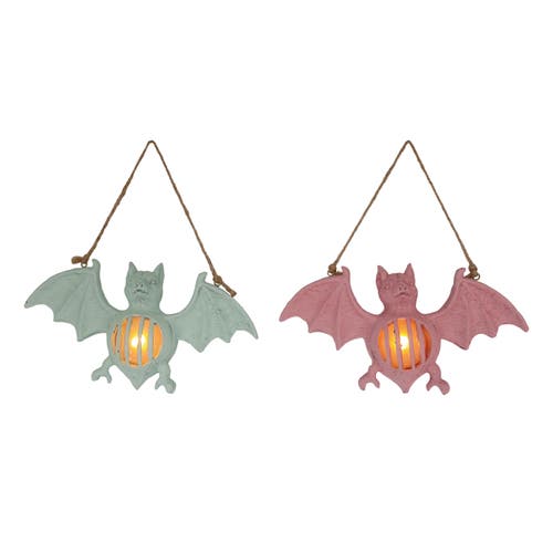 Transpac Resin Led Bat Wall Art Set Of 2 Halloween Decoration Green In Multi