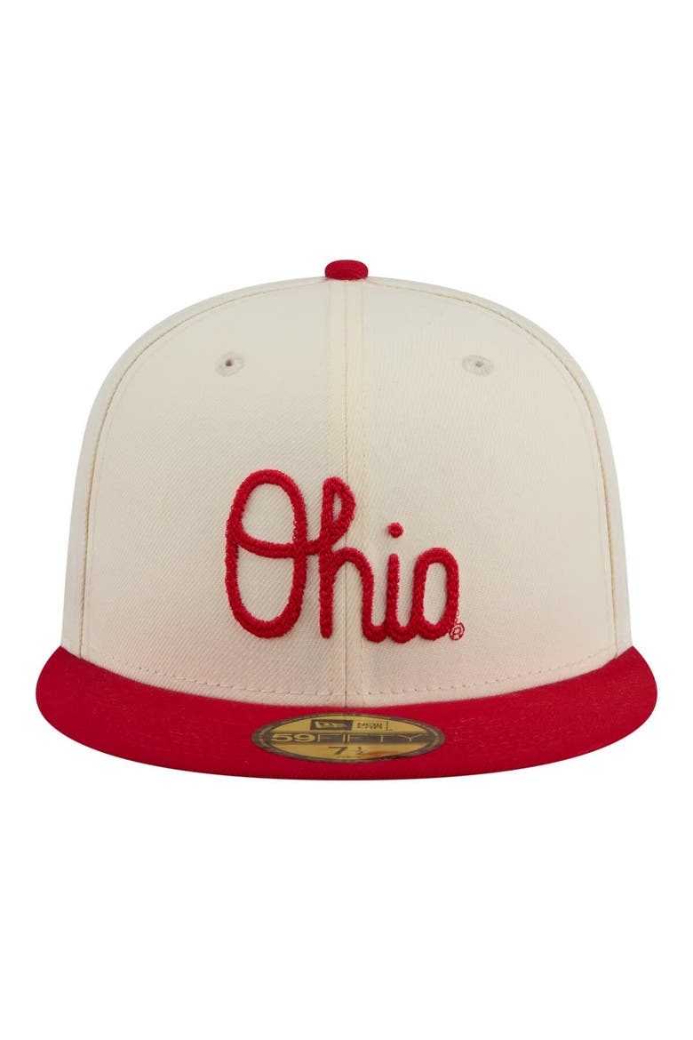 Men's New Era  Cream/Scarlet Ohio State Buckeyes Two-Tone Script 59FIFTY Fitted Hat, Alternate, color, Cream