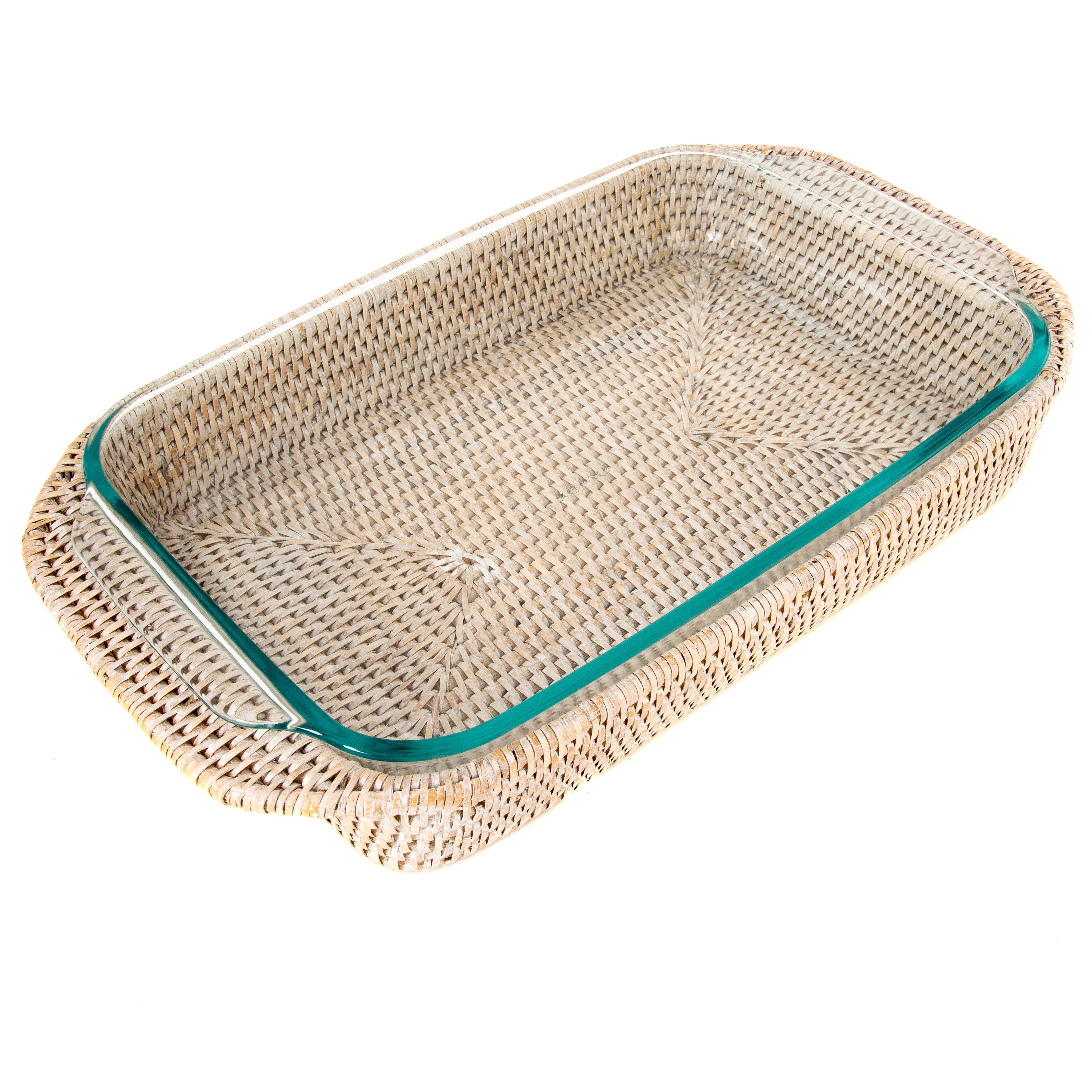 Artifacts Trading Company™ Artifacts Rattan Rectangular Baker Basket with Pyrex - 13" Inches - White Wash