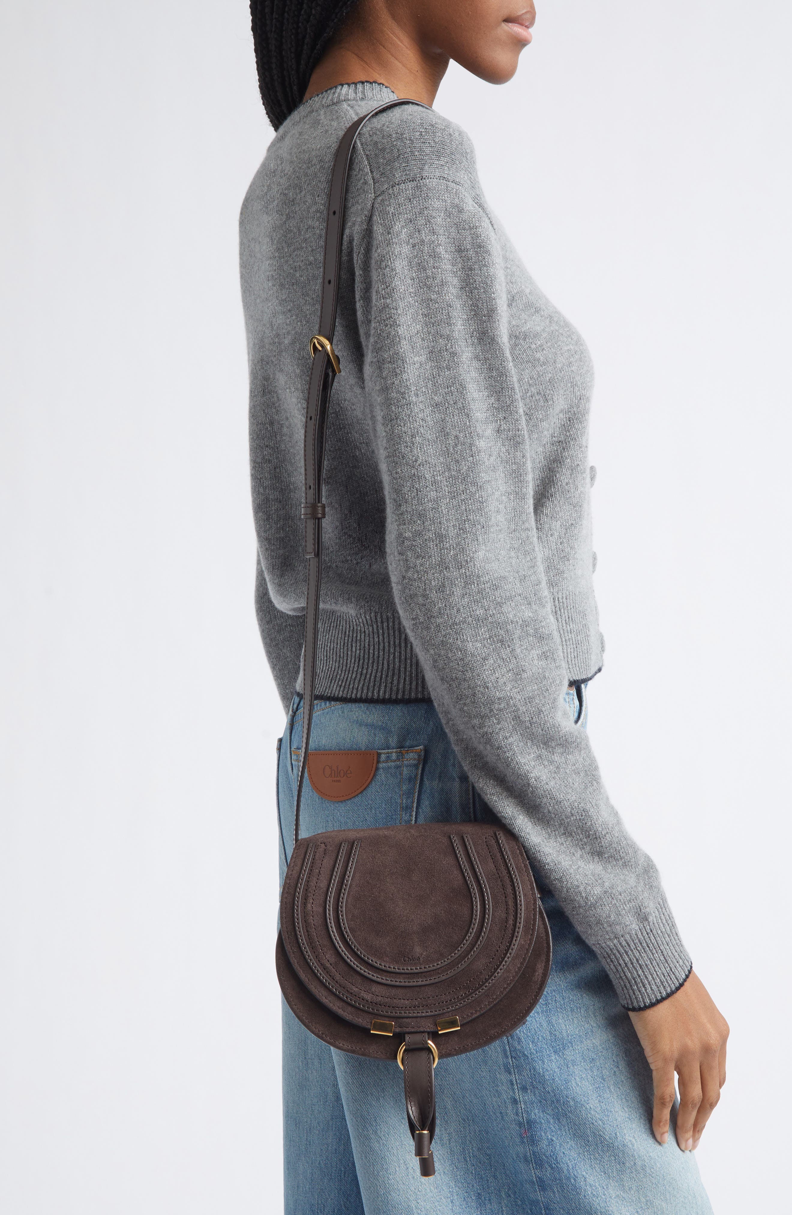 Chloé Small Marcie Suede Saddle Bag, Alternate, color, Brown