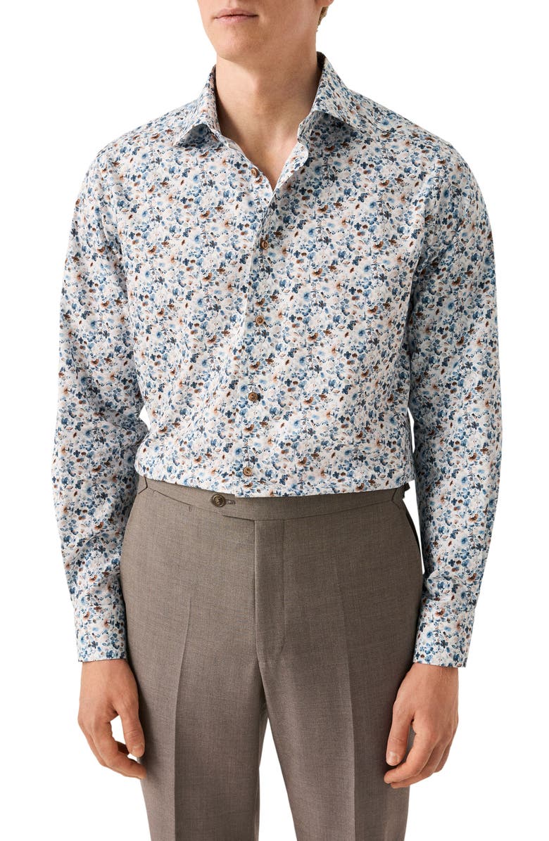 Eton Contemporary Fit Floral Cotton Dress Shirt, Main, color, White/ Medium Brown