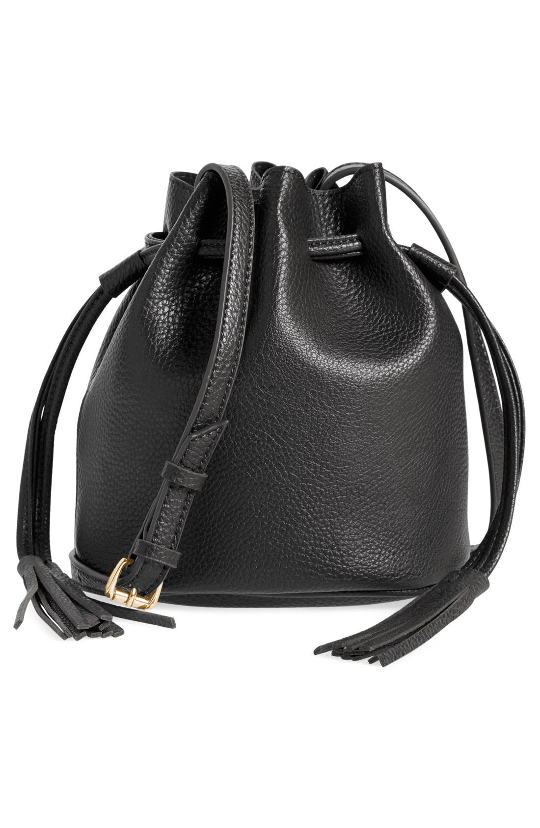 Street Level Mini Faux Leather Tassel Bucket Bag, Main, color, 
