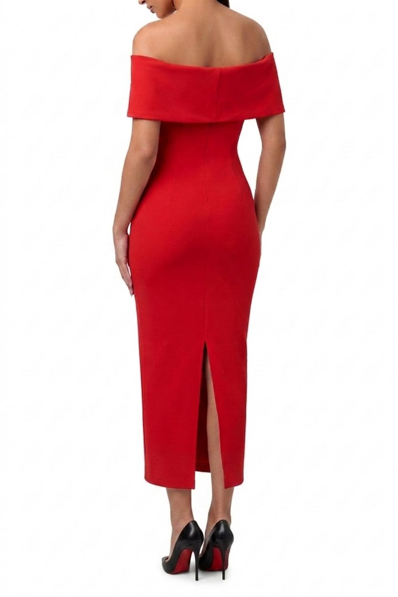 Built In Shapewear Off the Shoulder Column Midi Dress, Alternate, color, Ruby