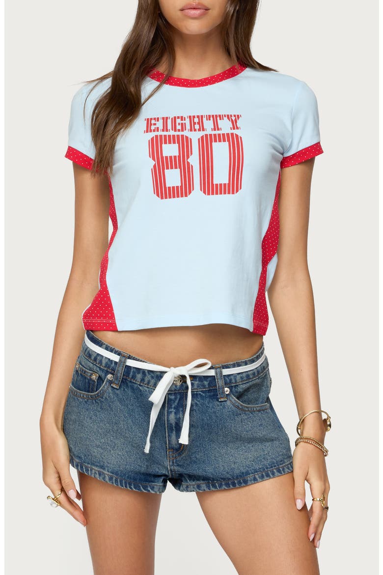 80 Polka Dot Contrast Trim Crop T-Shirt, Main, color, LIGHT-BLUE