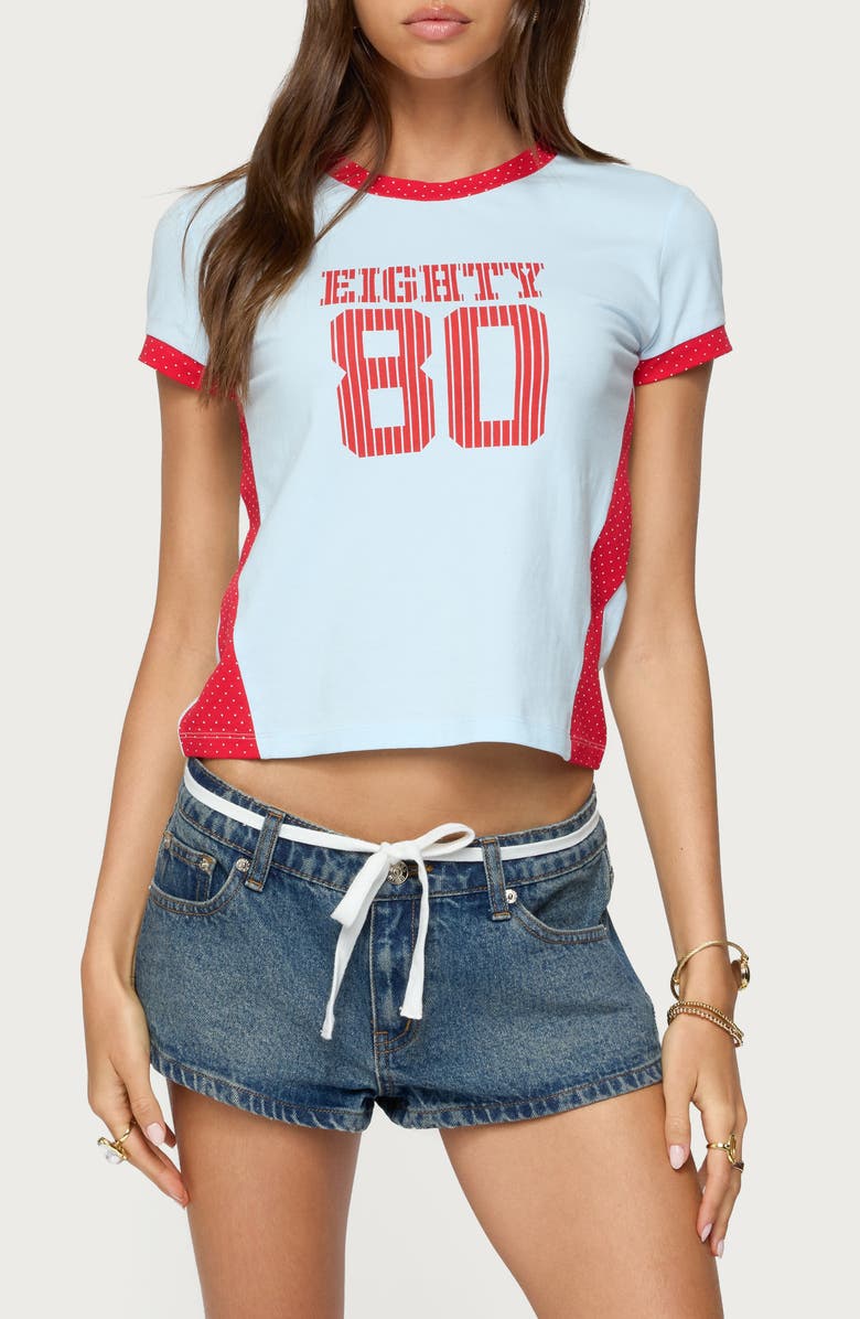 EDIKTED 80 Polka Dot Contrast Trim Crop T-Shirt, Main, color, Light-Blue