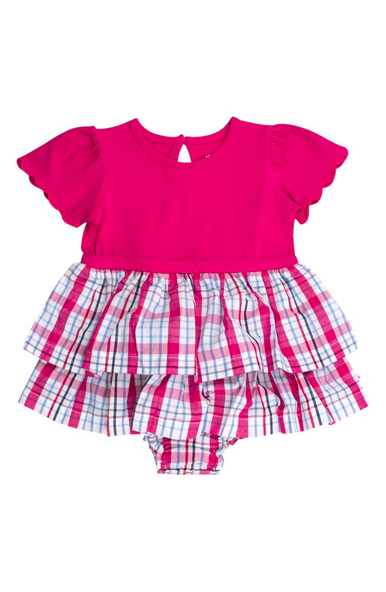 RuffleButts Adley Plaid Mixed Media Stretch Cotton Skirted Bodysuit, Main, color, Pink