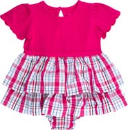 RuffleButts Adley Plaid Mixed Media Stretch Cotton Skirted Bodysuit
