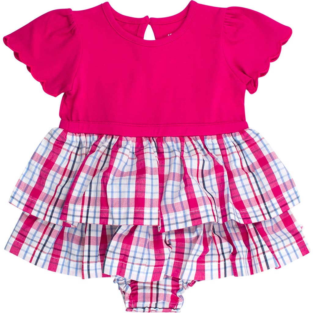 Rufflebutts Adley Plaid Mixed Media Stretch Cotton Skirted Bodysuit In Pink