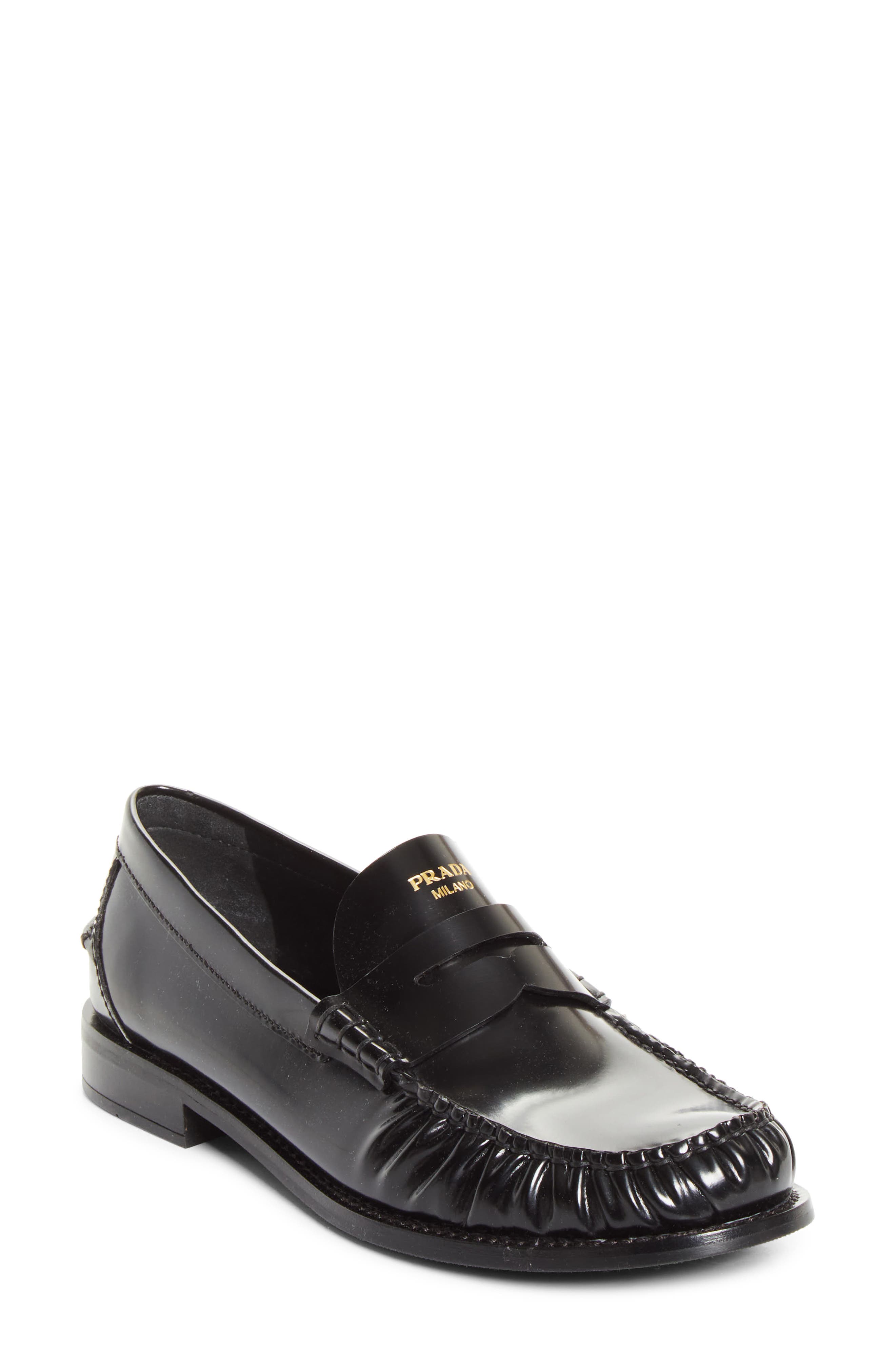 Prada Ruched Toe Penny Loafer, Main, color, Nero