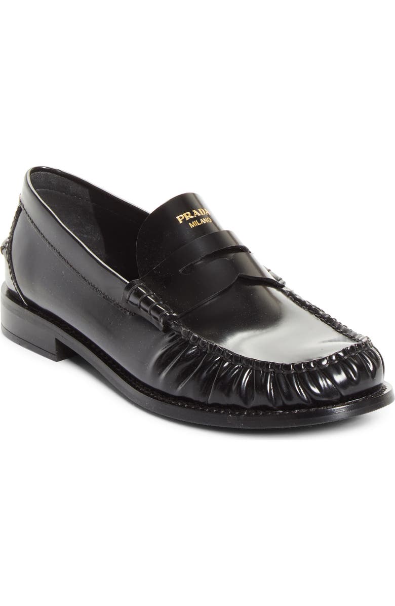 Prada Ruched Toe Penny Loafer, Main, color, Nero