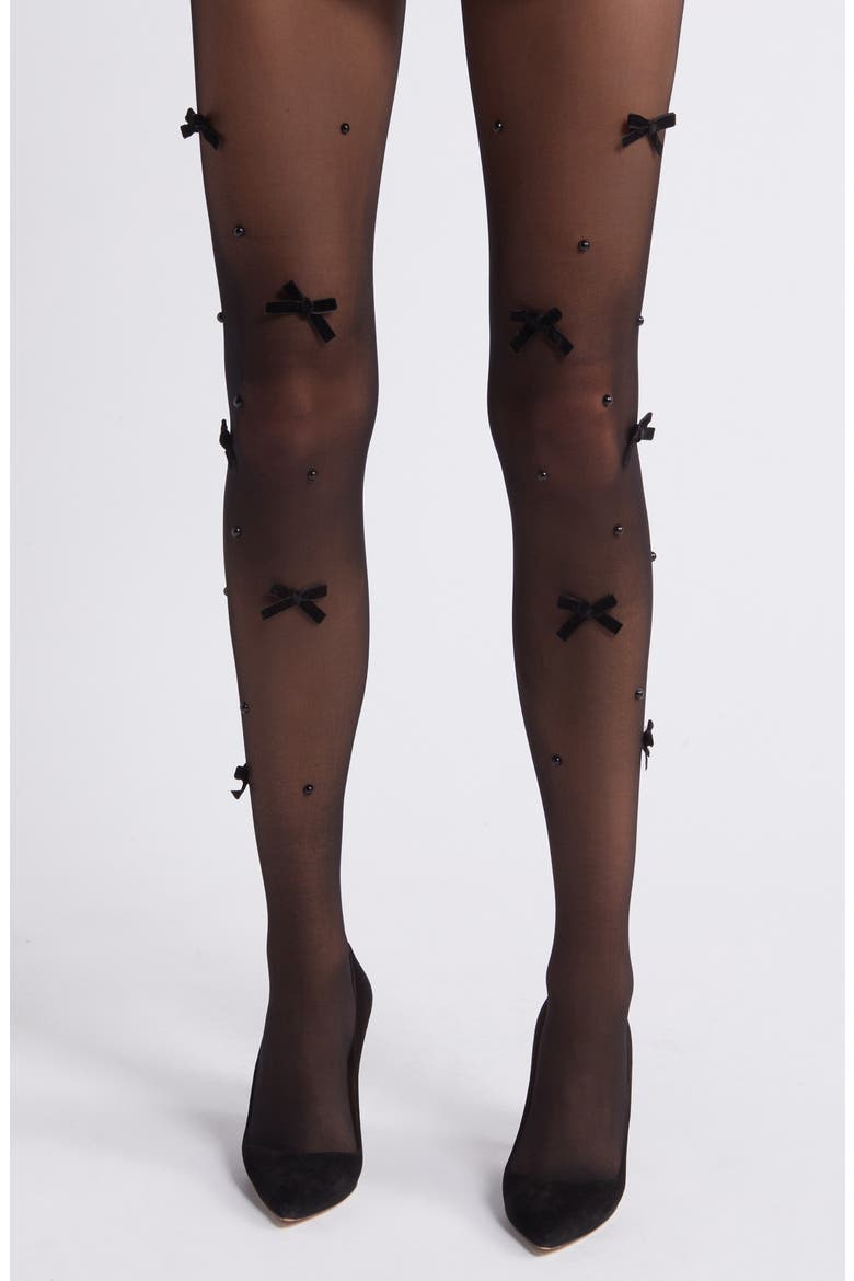 Nevermore Peek Bow Embellished Sheer Tights, Main, color, BLACK