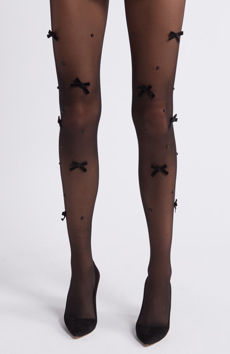 HIGH HEEL JUNGLE Nevermore Peek Bow Embellished Sheer Tights, Main, color, Black