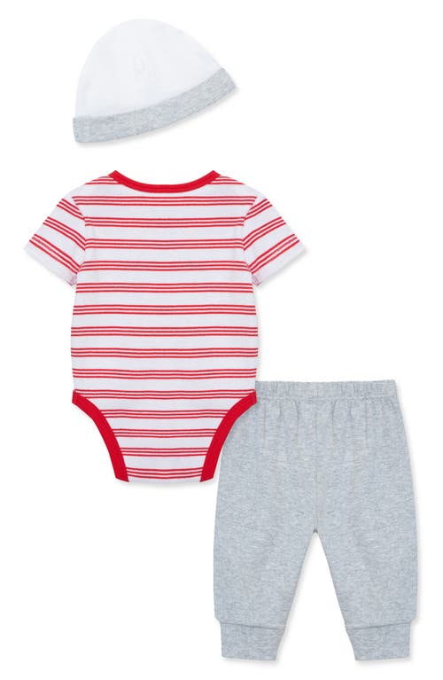 Shop Little Me Baseball Cotton Bodysuit, Joggers & Hat Set In Grey/red/white