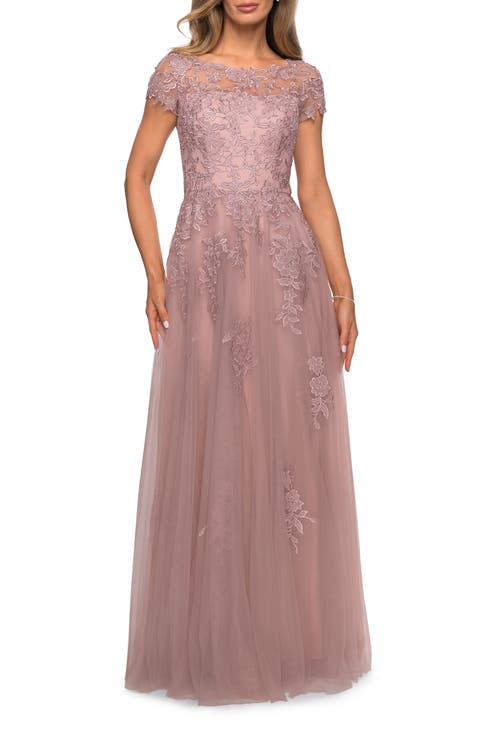 Beaded Lace Rhinestone A-line Evening Gown