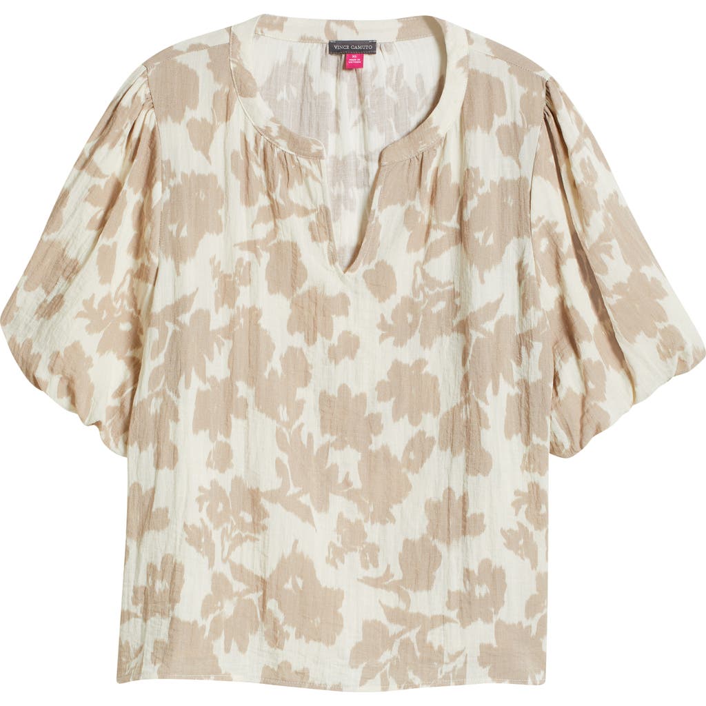 Vince Camuto Organdy Floral Puff Sleeve Top In Khaki Tan