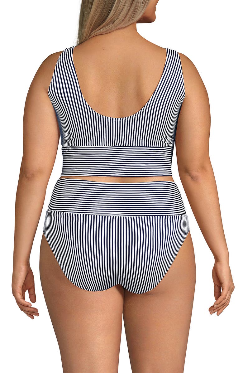 Lands' End Tugless Tankini Top and High Waisted Bottom Swimsuit Set, Alternate, color, Deep Sea Navy Mini Stripe