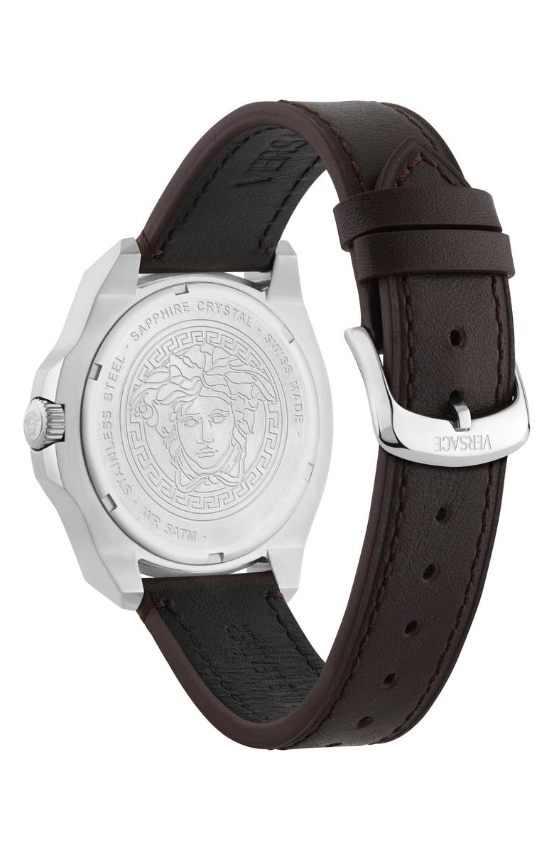 Versace Luxury Leather Strap Watch, 42mm, Alternate, color, Stainless Steel/Brown