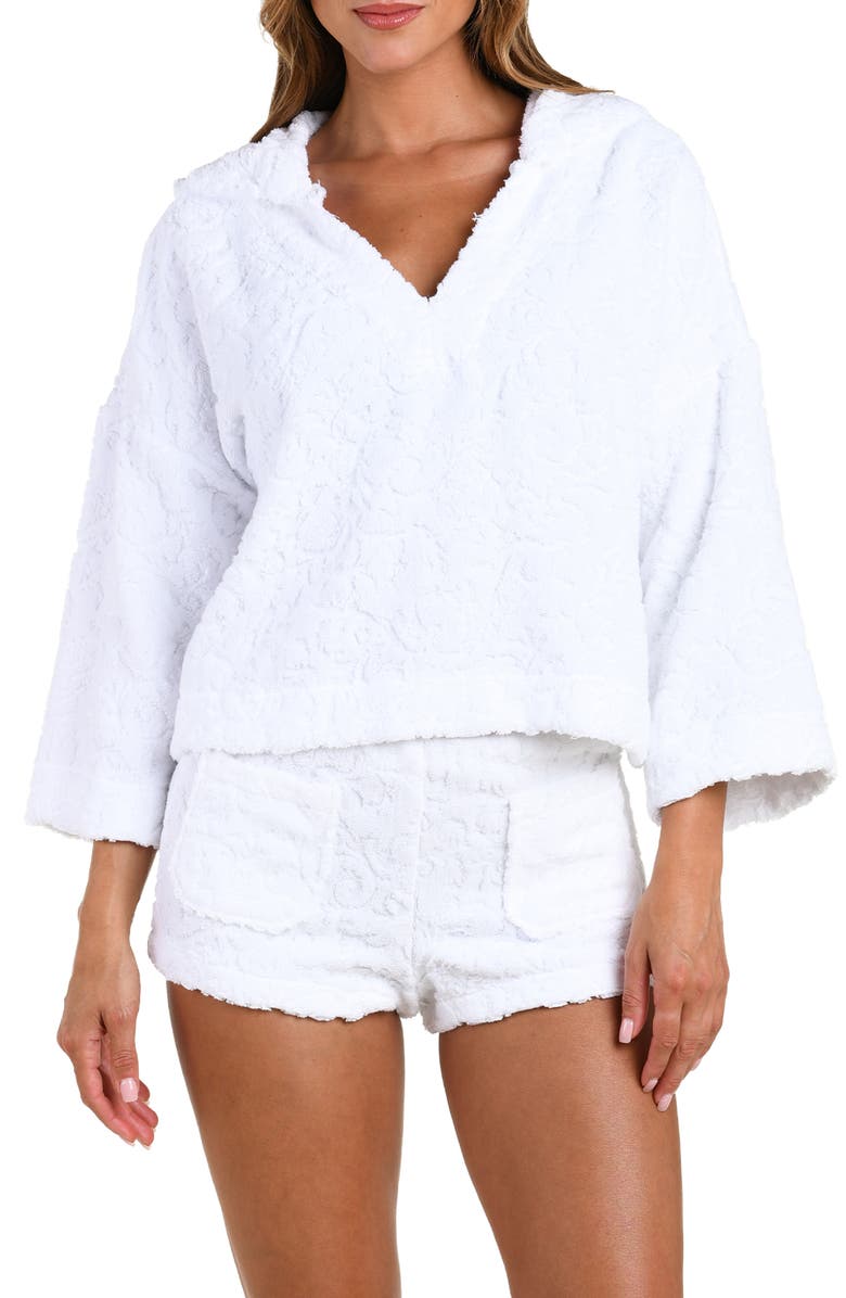 L'AGENCE Lee Ornate Crop Terry Cover-Up Hoodie, Main, color, White
