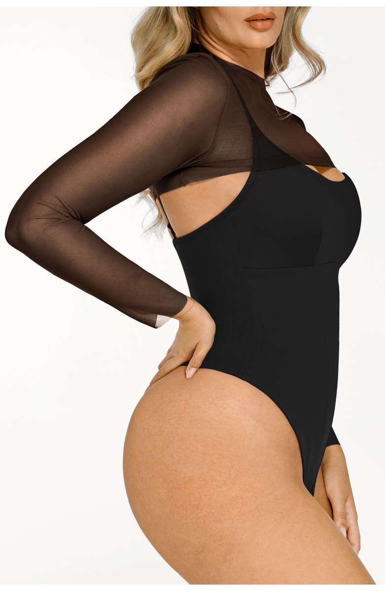 Popilush Sheer Shapewear Mesh Cutout Corset Bodysuit 2-Piece Set, Alternate, color, Jet Black