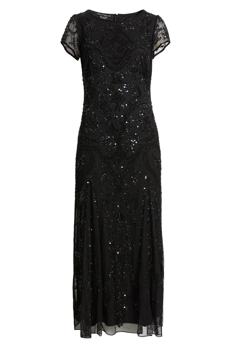 Beaded Mesh Midi Cocktail Dress, Alternate, color, BLACK