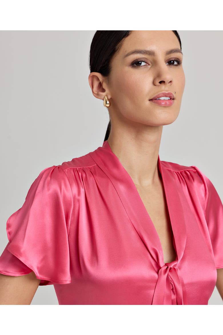 Celeste Liberty Silk Satin Tie Neck Blouse, Alternate, color, Coral