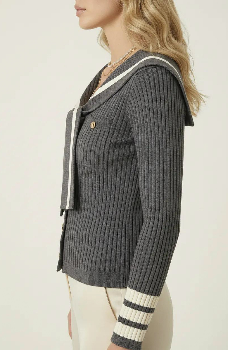 Modenaire Ribbed Knit Cardigan with Sailor Collar and Contrast Trim, Alternate, color, Charcoal Gray