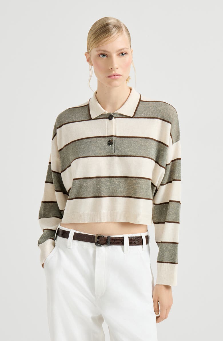 Brunello Cucinelli Cropped knit polo with sparkling stripes, Alternate, color, Sage