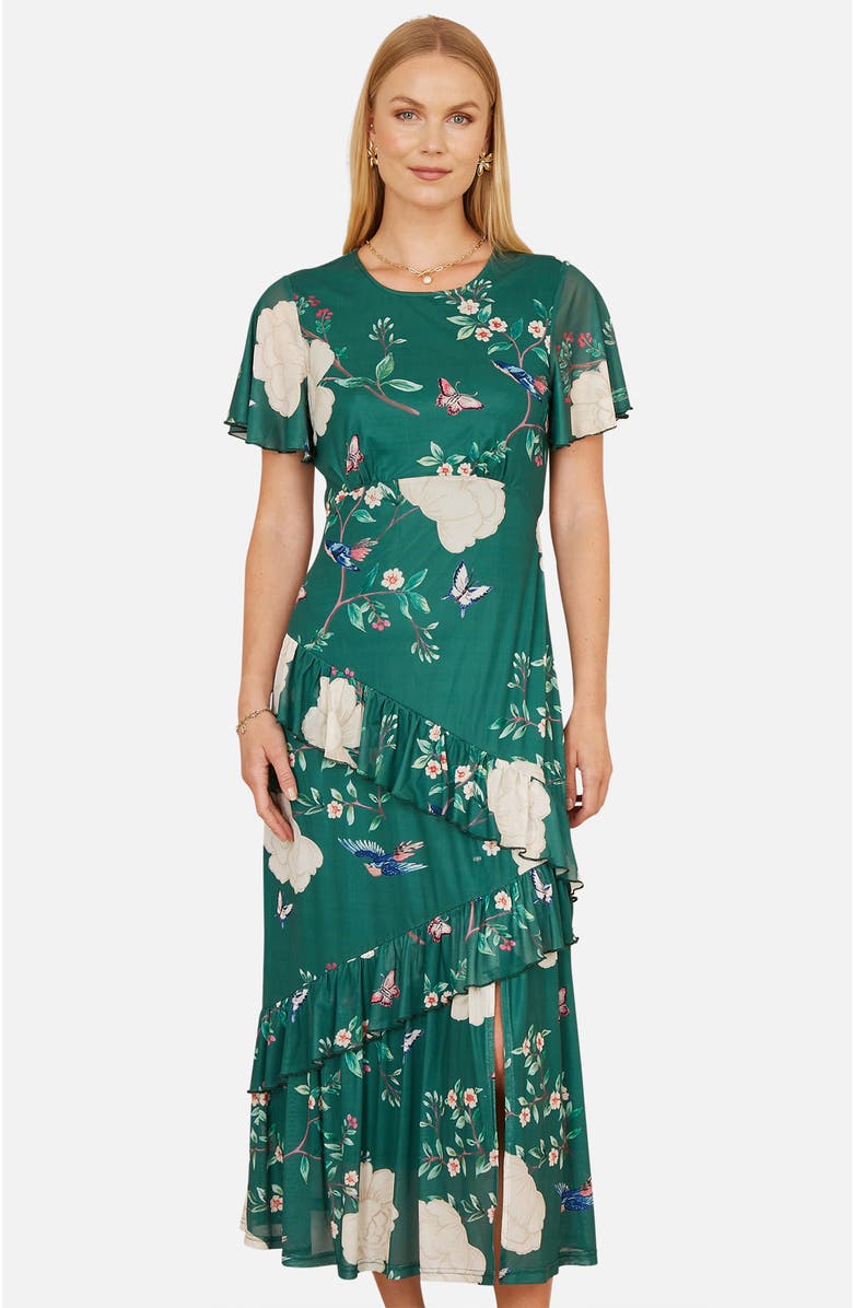 Yumi Mesh Bird And Floral Print Midi Dress, Alternate, color, Green