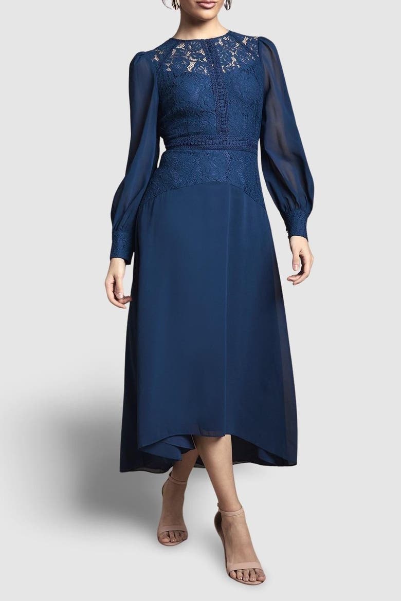 Lace Insert Chiffon Midi Dress, Alternate, color, Navy