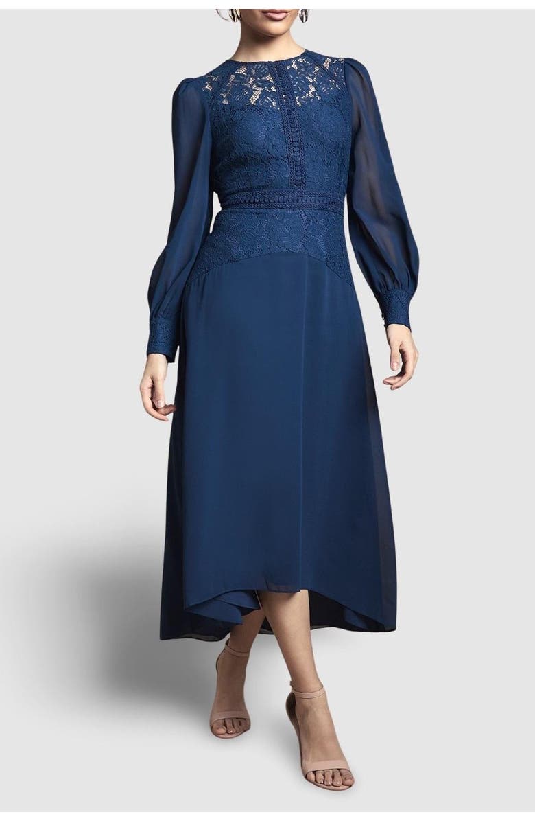 Wallis Lace Insert Chiffon Midi Dress, Alternate, color, Navy
