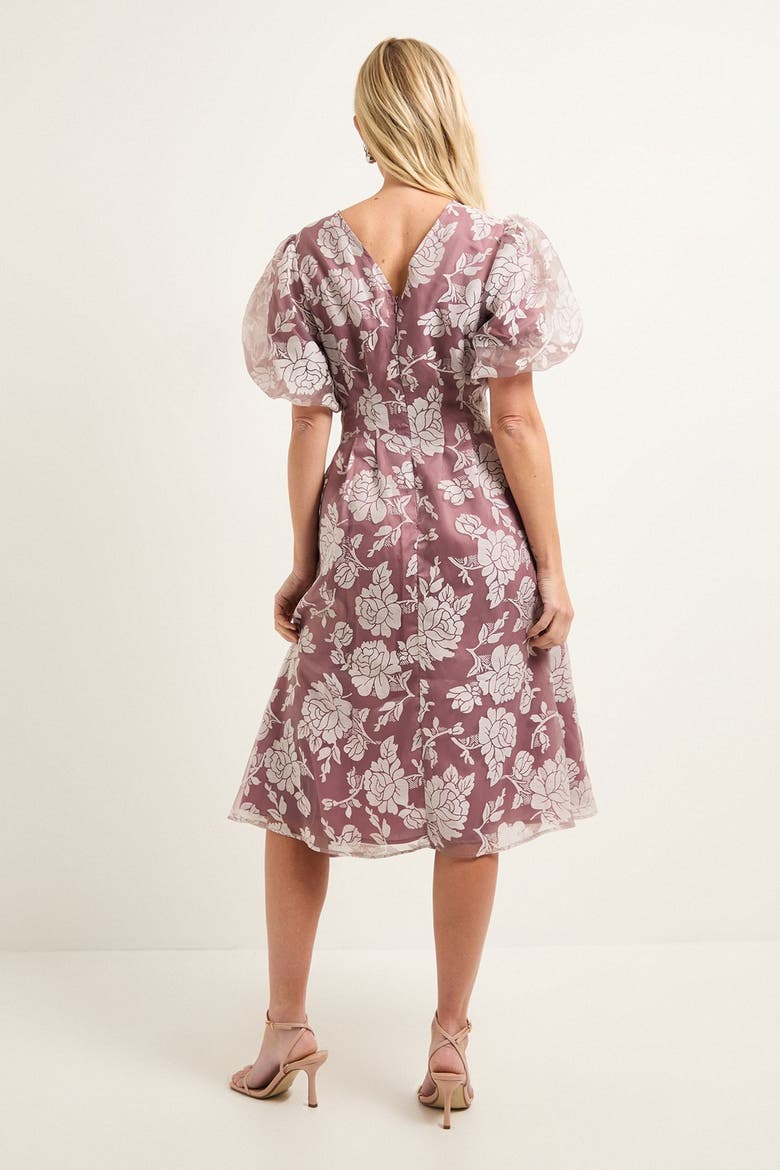 Petite Floral Puff Sleeve Midi Dress, Alternate, color, Rose