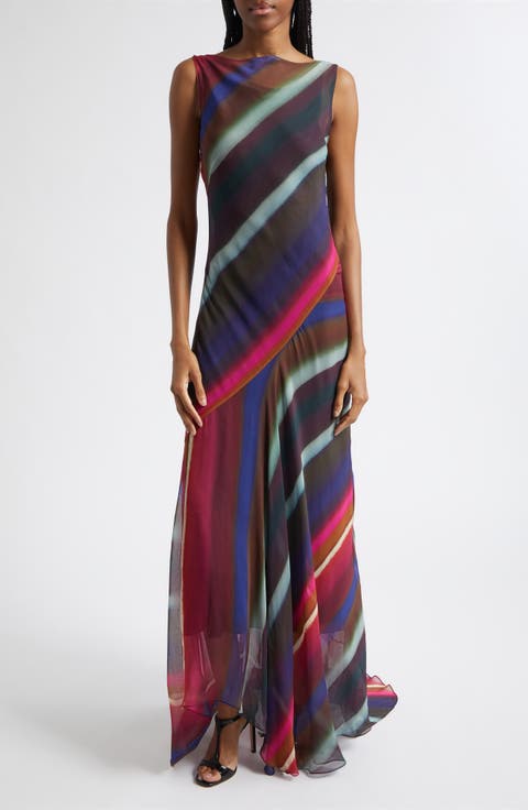Louie Stripe Cowl Back Bias Crinkle Chiffon Gown