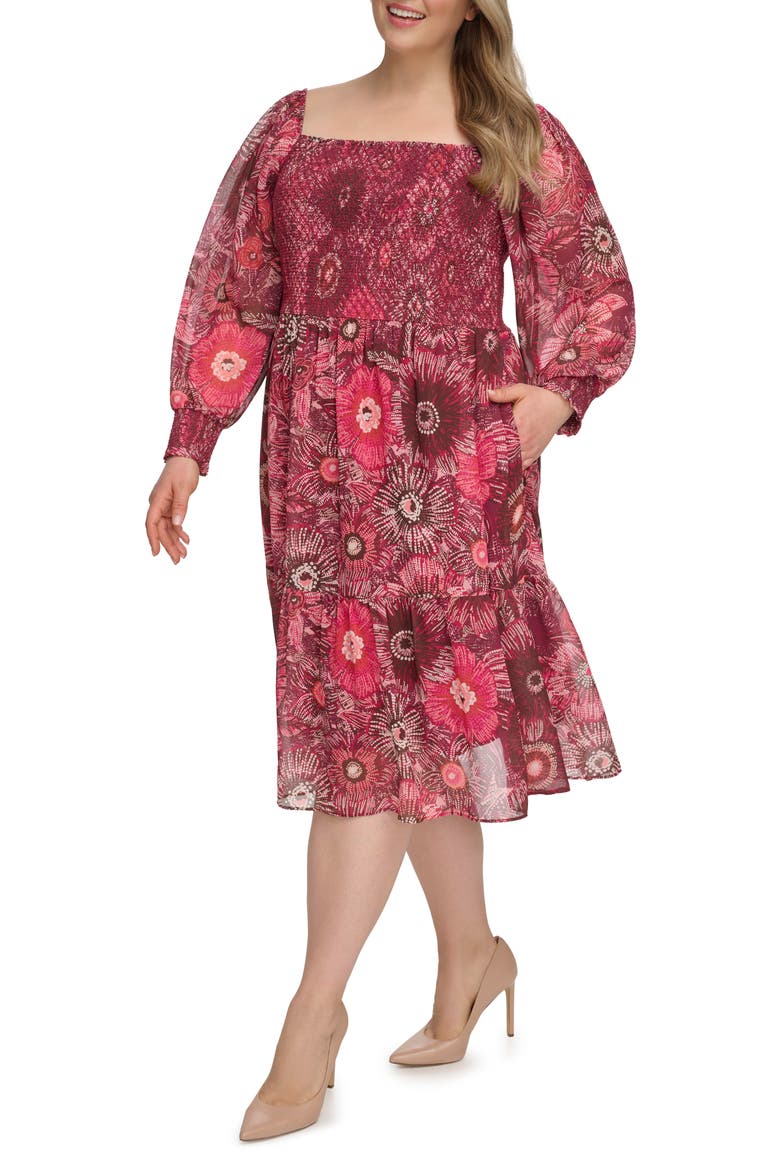 Floral Long Sleeve Smocked Chiffon Fit & Flare Dress, Alternate, color, BERRY