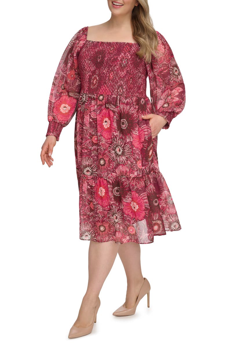 Vince Camuto Floral Long Sleeve Smocked Chiffon Fit & Flare Dress, Alternate, color, Berry