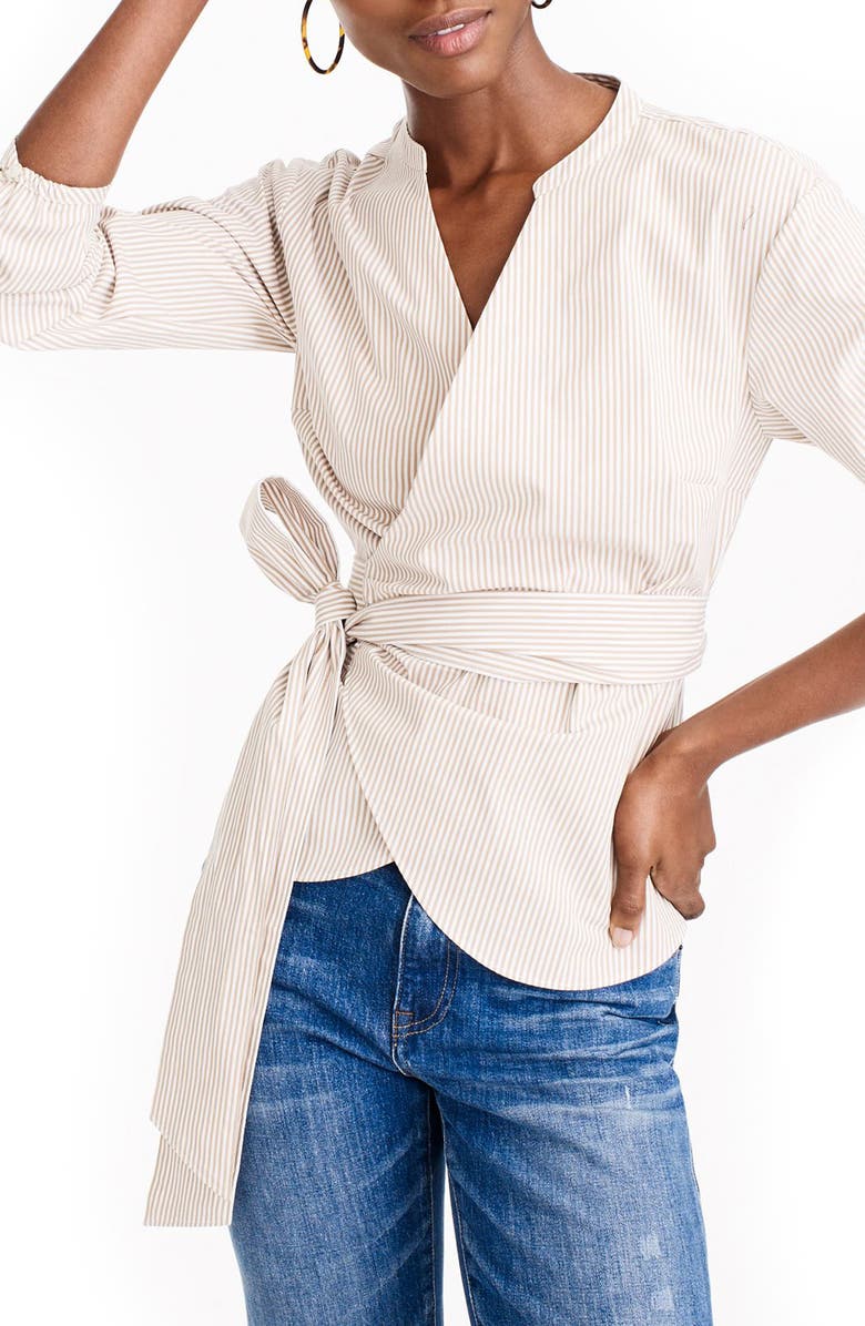 J.Crew Stretch Cotton Stripe Wrap Top, Main, color,