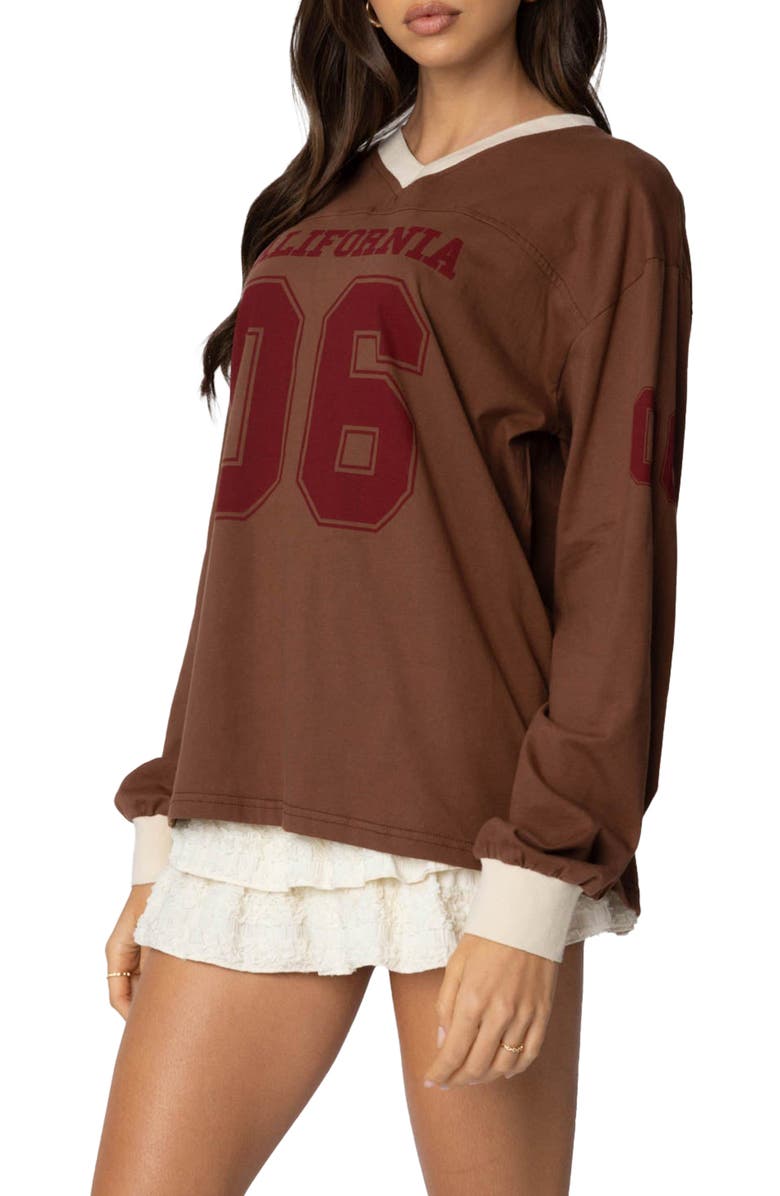 EDIKTED Cali 06 Oversize Long Sleeve Cotton Graphic Football T-Shirt, Alternate, color, Brown