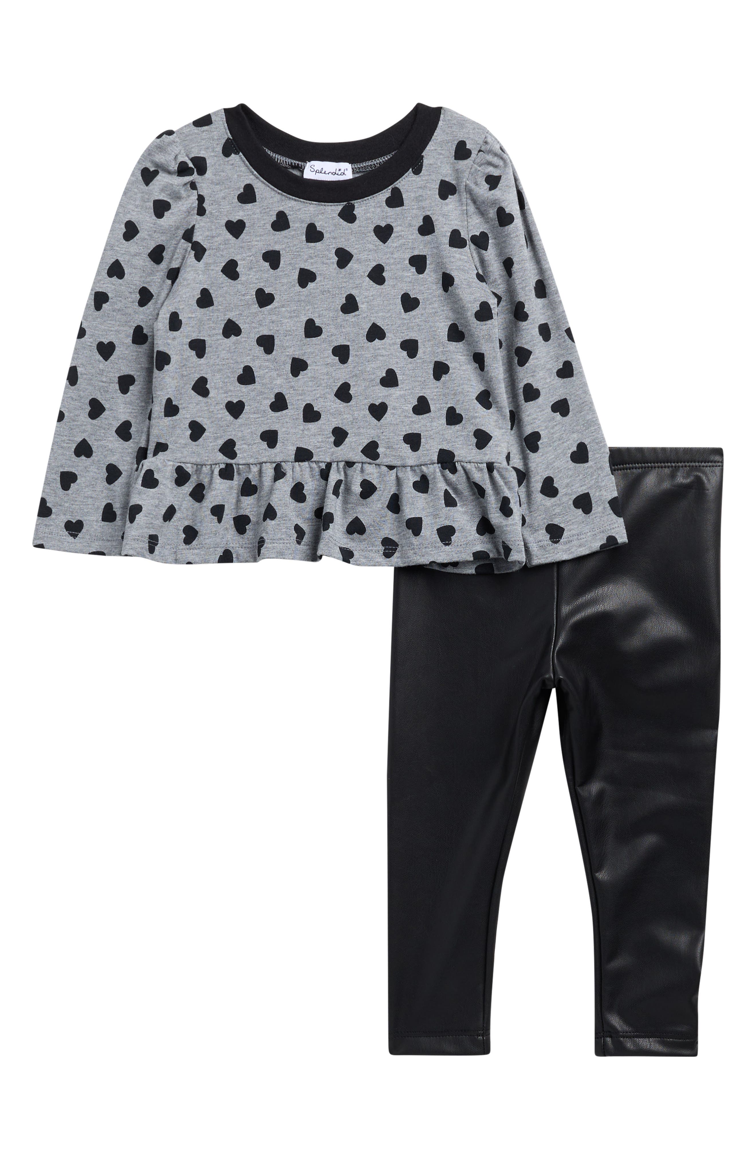 Heart Flounce Top & Faux Leather Leggings Set