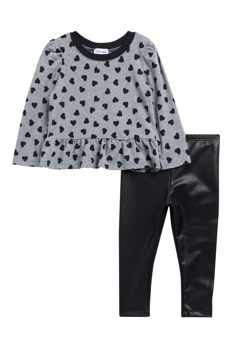 Heart Flounce Top & Faux Leather Leggings Set, Main, color, HEATHER GREY