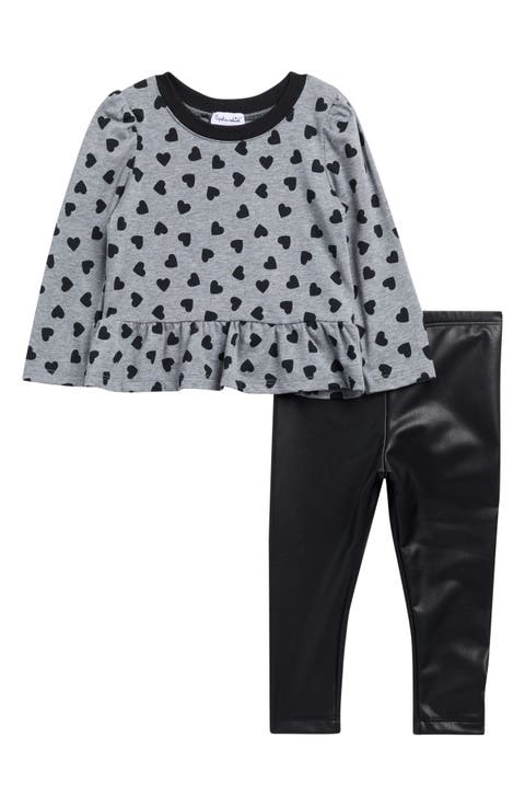 Heart Flounce Top & Faux Leather Leggings Set