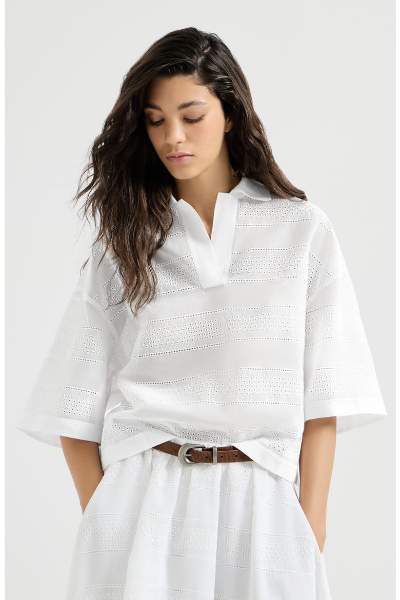 Cotton organza broderie anglaise cropped polo, Main, color, White